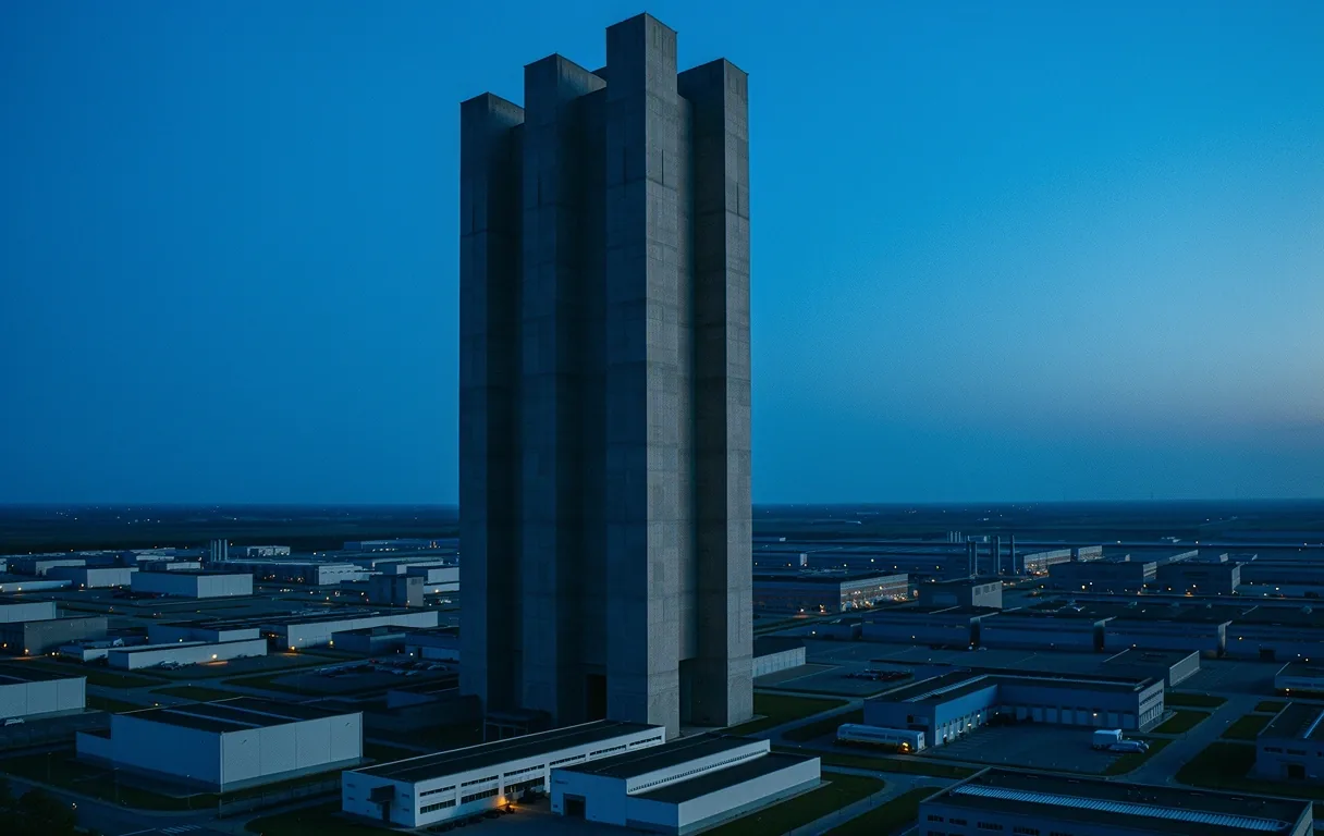 Brutalist architectural monolith representing ethical stability